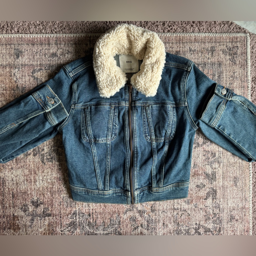 Mango Blue Denim Jacket with Cream Sherpa Collar